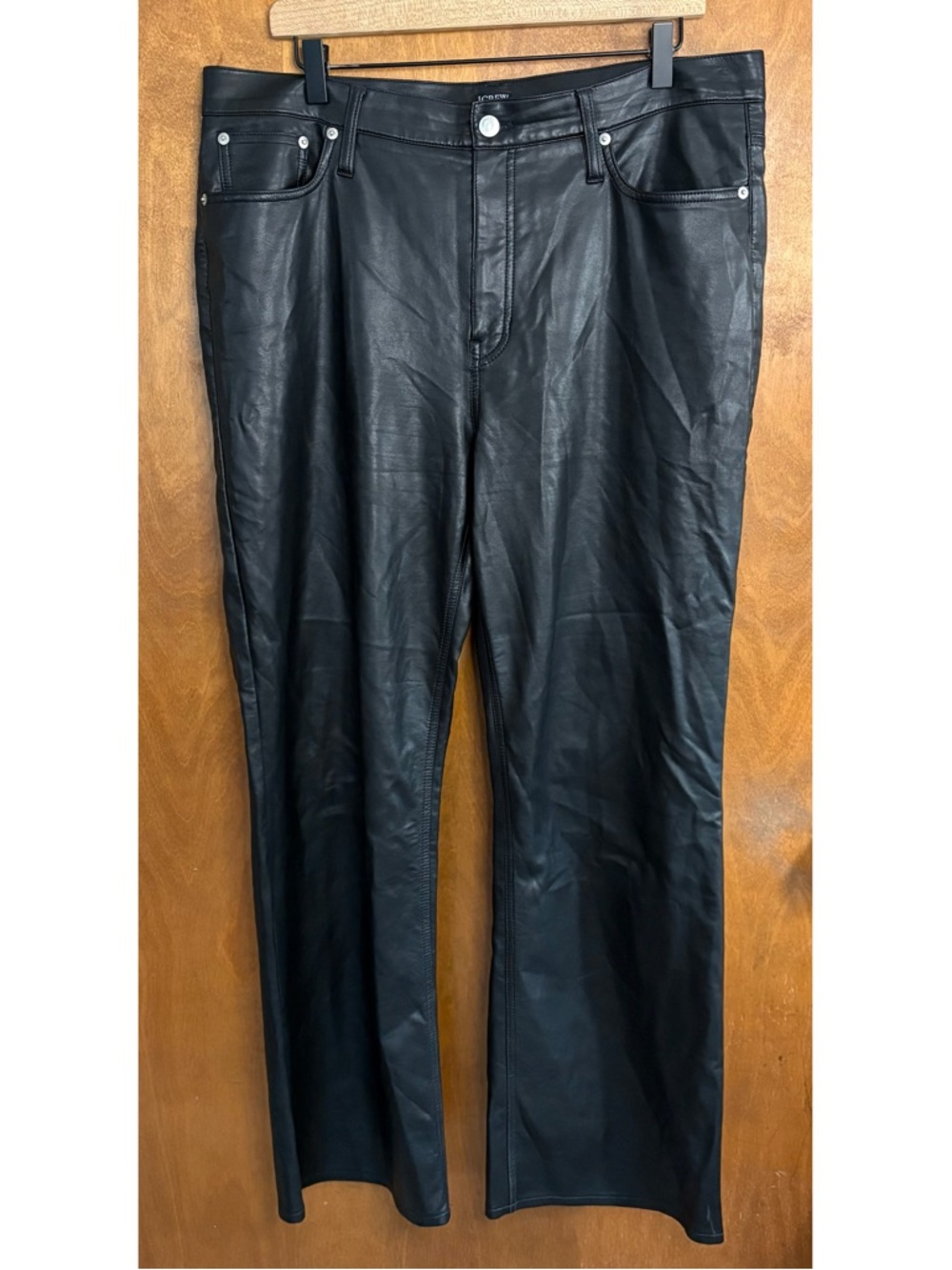 J. Crew Slim Wide Leg Black Faux Leather Pants High Rise 32 TALL Old Money Sleek - Picture 2 of 11
